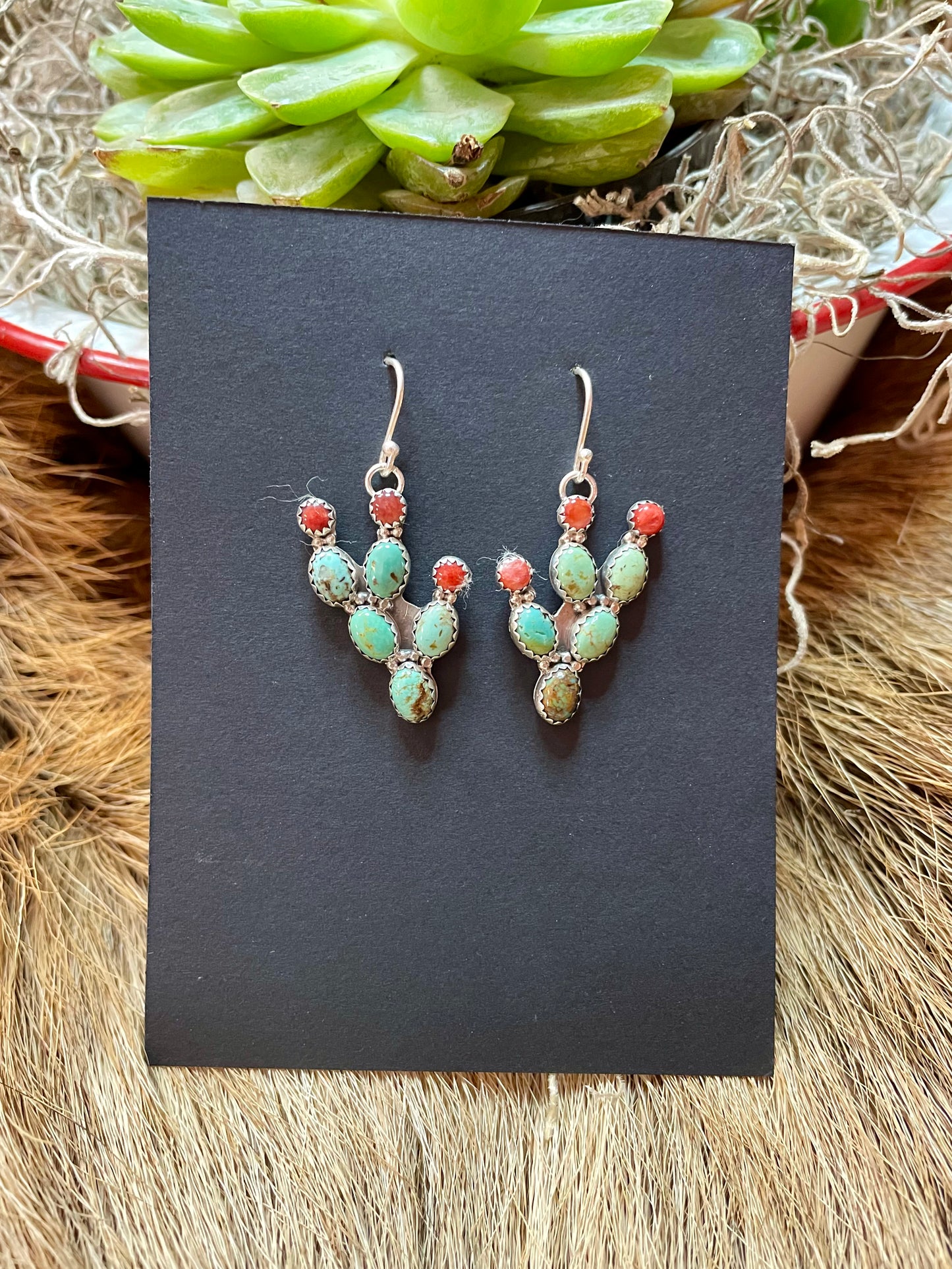 Carico Lake turquoise and spiny oyster shell cactus earrings