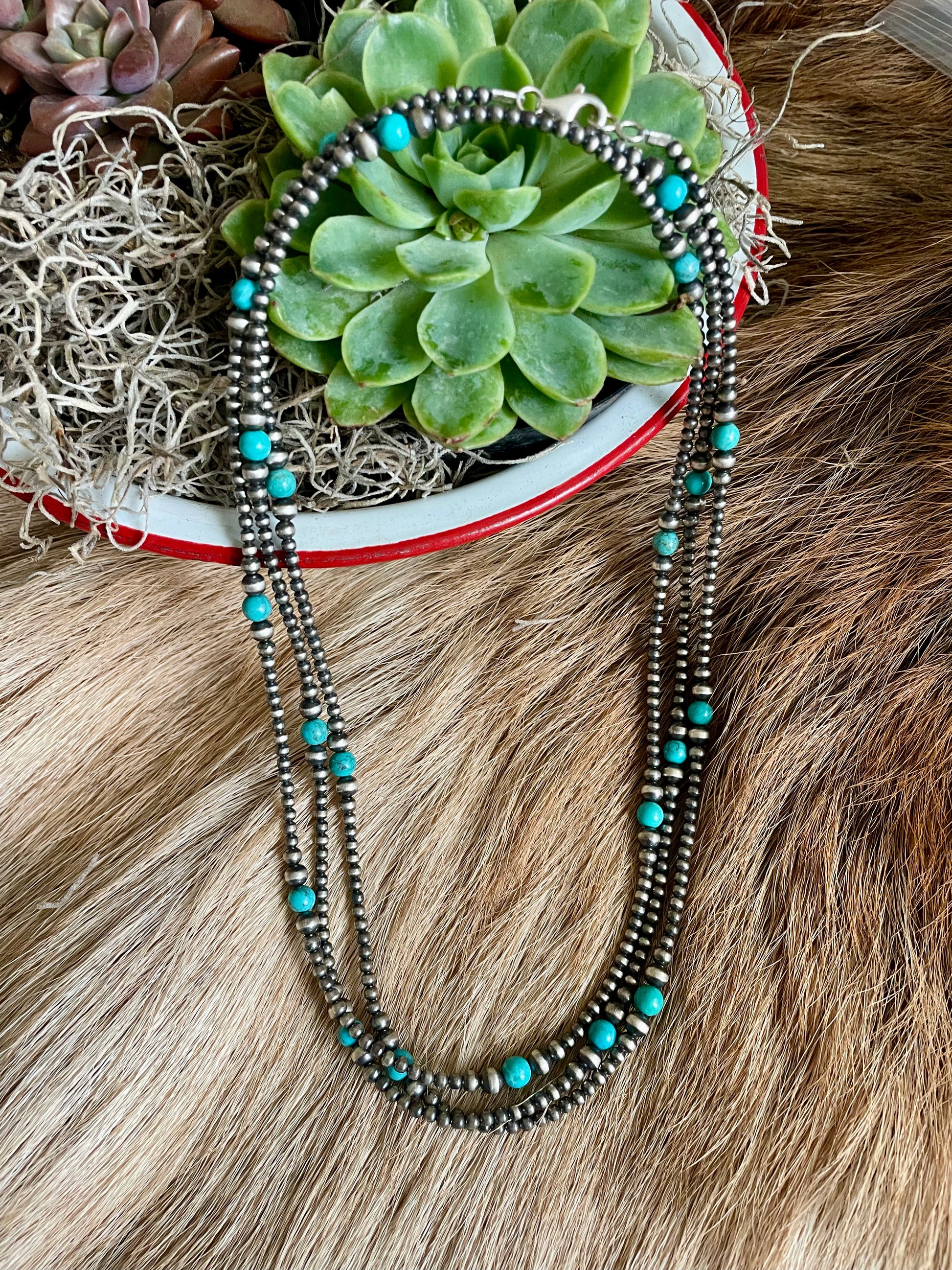 60" Navajo style and turquoise bead necklace