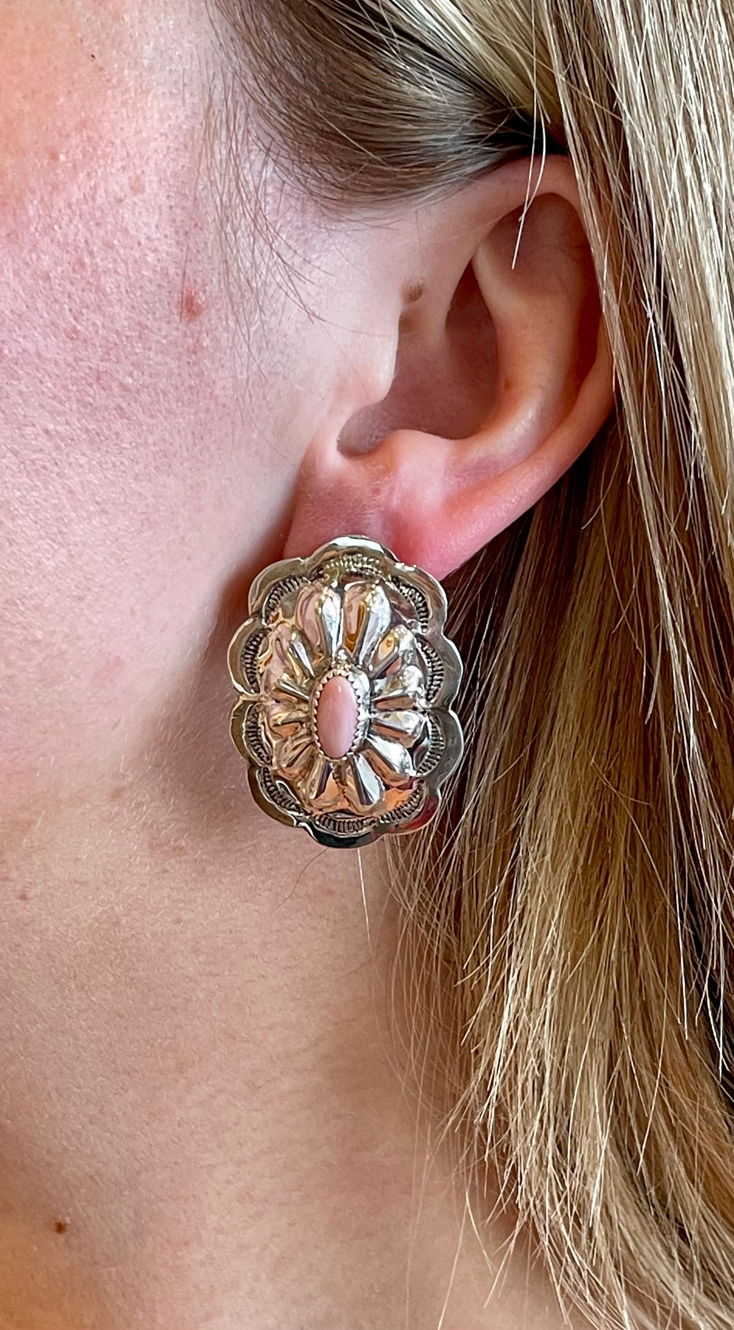 Pink Opal and Sterling Silver concho earrings